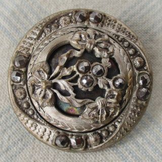 1 1/2 " Antique Tinted And Pierced Brass Button W Cut Steels,  Flowers And Bows