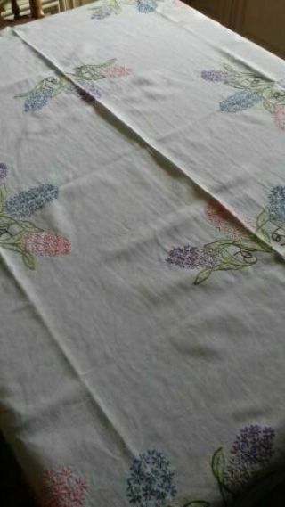 Vintage Linen Tablecloth Hand Embroidered - Blue,  Pink & Lilac Hyacinths