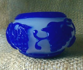Peking Glass White Under Carved Blue Overlay Squirrel & Grape Vine Design 2
