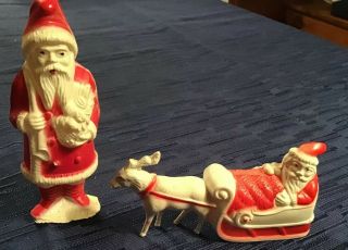 2 Antique Irwin Ornaments Soft Plastic Celluloid Santa & In Sleigh Reindeer 4”
