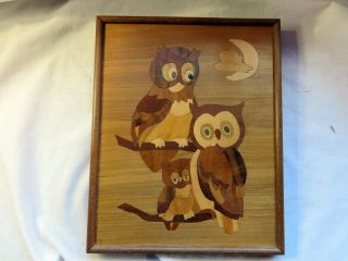 A Vintage Wood Marquetry Picture Of An Owl Family