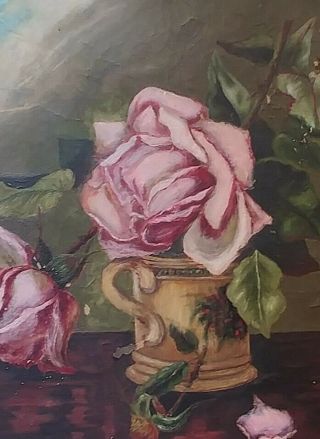 Antique Victorian Pink Rose Flower Still Life Painting Canvas Oil 1883 Aafa