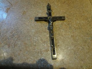 Antique German Crucifix Skull & Crossbones Catholic Metal Inlaid Wood 6 " Germany