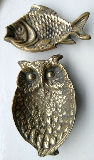Antique/vintage Solid Brass Owl And Fish Dishes