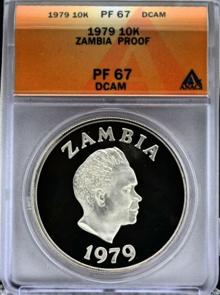 1979 Zambia 10 Kwacha Large Silver Proof Falcon Coin Rare Anacs Pf 67 Dcam