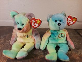 Rare Ty Beanie Baby Peace Bears - Early Production - Many Errors - 1 Pvc - 1 Pe