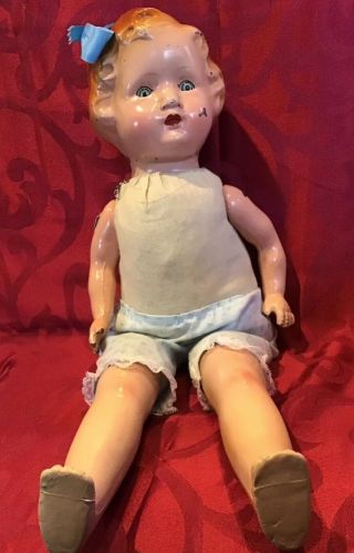 Vintage Tin Head Doll Molded Hair Metal Painted Eyes Straw Stuffed And Comp Body