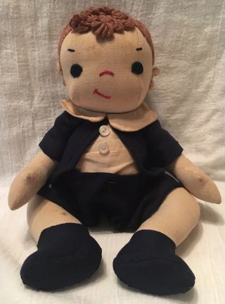 Vintage Jointed Handmade Cloth Doll Boy In Suit Embroidered Face & Hair
