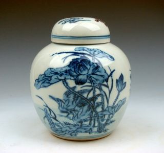 Vintage Blue&white Porcelain Lotus Dragonfly Flowers Tea Caddie Pot Jar 041318