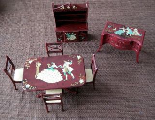 Vintage Renwal Dollhouse Furniture Dining Room Set Stenciled Floral Design