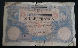 1892 Tunisia Algeria 1000 Mille Francs Overprint 100 Old Currency Rare Banknote