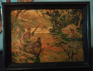 Vintage Moose Hunting Ducks Canoe Hunters Gun Paint By Number Pbn Framed Art