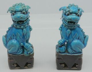 Matching Old Chinese Porcelain Foo Dogs,  Turquoise Blue,  Purple Stands