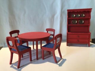 Vintage Lundby Dollhouse Red Blue Dining Set Table 4 Chairs And China Cabinet
