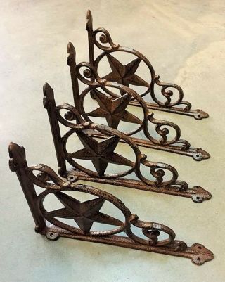Set Of 4 Western Star Shelf Bracket/brace,  Antique Rustic Brown Patina Cast Iron
