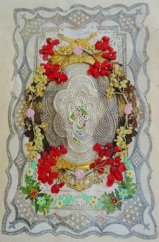 Victorian Paper Lace Antique Greeting Card Valentines Silk Flowers Silver Cupid