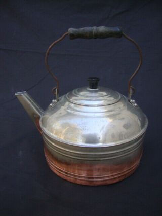 Antique 1930s Revere Nickle Plated Copper Tea Kettle Wood Handle Large 5 Qt 9 "