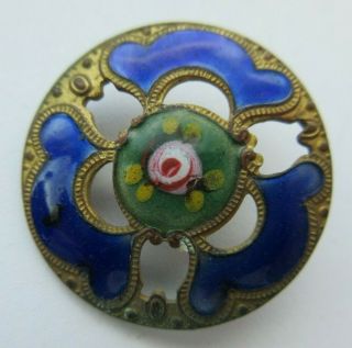 Antique Vtg Pierced French Champleve Enamel Button W/ Pink Rose (f)
