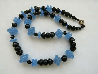 Art Deco Rare Blue & Black Unusual Shaped Glass Bead Necklace