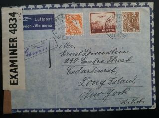Rare 1942 Switzerland Censor Cover Ties 3 Stamps Canc Rapperswil To Usa