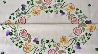 Vintage Hand Embroidered Linen Tablecloth Flowers British Isles Country Garden