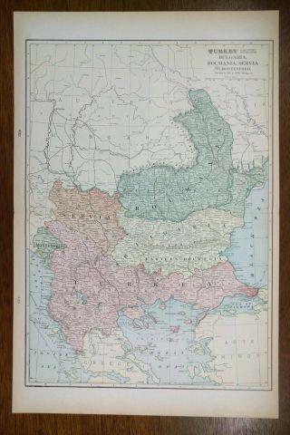 Vintage 1902 Turkey Bulgaria Romania Serbia Montenegro Map 14x22 " Old Antique