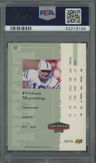 1998 Contenders Rookie Ticket Peyton Manning Colts RC AUTO PSA 8 NM - MT RARE 2