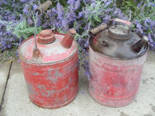 2 Antique 1 Gallon Metal Gasoline Gas Can Fuel Oil Kerosene Red Wood Handle