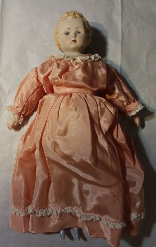 Antique Vintage Porcelain China Head Doll Blue Eyes Blonde Hair Pink Dress 12 "