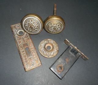 Antique Victorian,  Edwardian Brass Door Knob,  Lock Set And Backplates