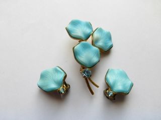 Vintage Rare Gorgeous Set Brooch &clip Earrings Blue Poured Glass Goldtone Metal