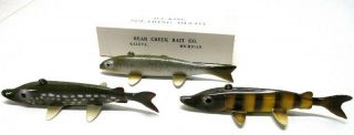 3 Vintage Bear Creek Fish Decoys & Box Fish Spearing Decoy Ice Fishing Lure