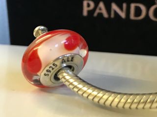 Retired Rare Pandora Charm 925 Ale Hallmarked.  Red White Glass Bead 3