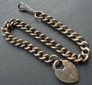 Antique Victorian Gold Tone Brass Watch Chain Heart Padlock Fob Clip Clasp A248