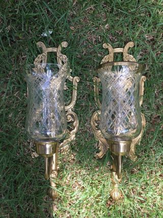 Pair Ornate Brass Candle Holder Wall Sconces & Glass Globes