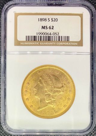 1898 - S $20 American Gold Double Eagle Ms62 Ngc Liberty Head Lustrous Rare Coin