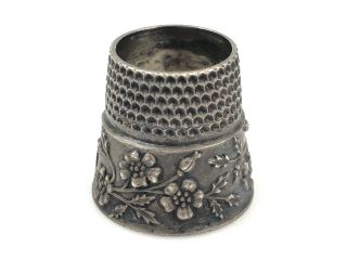 Antique Sterling Silver Sewing Thimble Finger Guard English C 1870 Flowers