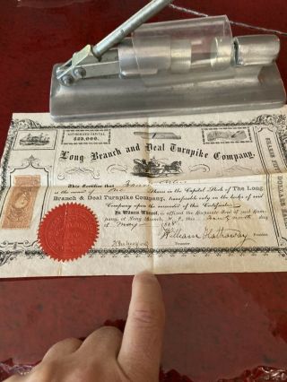 Rare Long Branch And Deal Turnpike Company Stock Certificate 1866