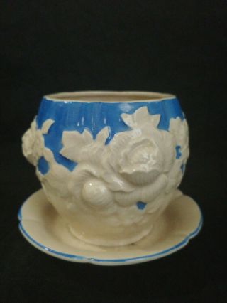Vintage Japanese Blue & White Majolica Succulent Planter Pot,  Peony Design