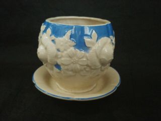 Vintage Japanese Blue & White Majolica Succulent Planter Pot,  Peony Design 3