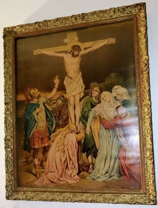 Very Old Religious Print Of The Crucifixion Of Christ In German Framed Antique