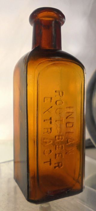 Indian Root Beer Extract.  Antique Amber Food Bottle.