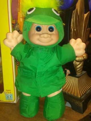 Vintage Russ Troll Doll 12 " Soft Plush Green Frog Raincoat Outfit
