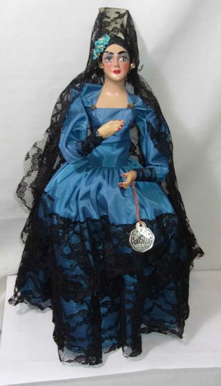 Vintage Munecos Carselle Mexican Senorita Doll Wtih Blue Dress Tag