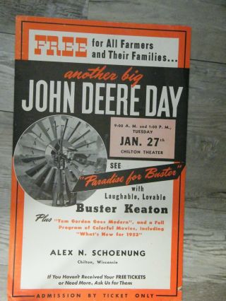 Rare 1955 John Deere Farm Tractor Day Show Poster 21x13 " Buster Keaton