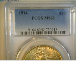 Rare 1914 P $20 Gold St.  Gaudens Double Eagle Graded By Pcgs Ms - 62