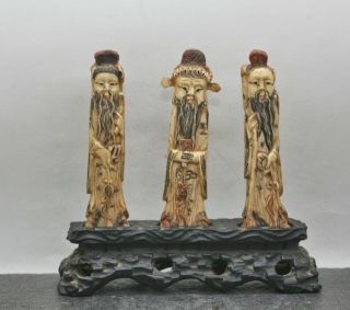 Fantastic Antique Chinese Hand Carved Bone Statues Of Deities Wooden Stand C1920