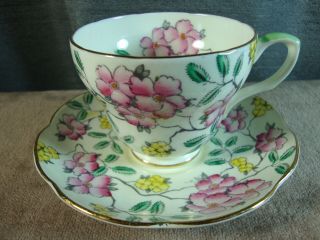 E B Foley Bone China 1850 Teacup And Saucer Springdale Pink And Yellow