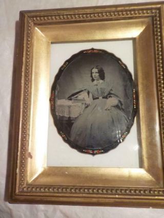 Antique C1860s Ambrotype Tinted Photograph Of Woman In Jewelled & Gilt Mount