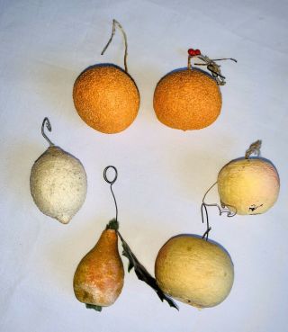 6 Antique German Spun Cotton Christmas Ornaments Glass - Glimmer Peach Pear Lemon